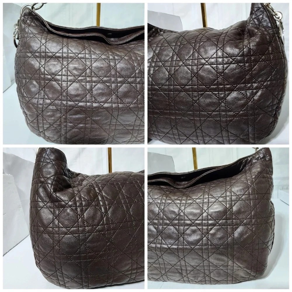 Authentic CHRISTIAN DIOR Cannage Quilted Lambskin Leather Soft Hobo Bag Brown